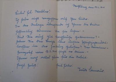  Spinnerin Lobunddank : ein neu Mädchenliederbuch : Für häusliche und gesellige Kreise / doch auch für stille Stunden (o.J.);- (Wappler, Grete;Camaud[?], Trude), Post: Name, Datum, Notiz; 'Wolfsburg, 10. April 1941
Liebes Frl. Wabler!
Ich habe nicht vergessen auf Ihre Bücher.
In der Anlage übersende ich Ihnen die Bücher.
hoffentlich können Sie sie lesen.-
Sind Sie auch gut Nachhause gekommen?-
haben Sie den Brief über unser Pflichtjungmädel-treffen in der Zeitung gelesen? Im Kärntner-Grenzruf vom 13.3.1941 steht er drinn.-
Ihnen noch alles gute für die Arbeit.
freundl. Gruß!
Heil Hitler!
Trude Camaud[?]'. 