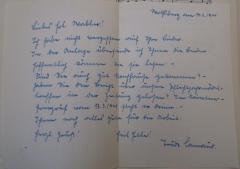 - (Wappler, Grete;Camaud[?], Trude), Post: Name, Datum, Notiz; 'Wolfsburg, 10. April 1941
Liebes Frl. Wabler!
Ich habe nicht vergessen auf Ihre Bücher.
In der Anlage übersende ich Ihnen die Bücher.
hoffentlich können Sie sie lesen.-
Sind Sie auch gut Nachhause gekommen?-
haben Sie den Brief über unser Pflichtjungmädel-treffen in der Zeitung gelesen? Im Kärntner-Grenzruf vom 13.3.1941 steht er drinn.-
Ihnen noch alles gute für die Arbeit.
freundl. Gruß!
Heil Hitler!
Trude Camaud[?]'. 