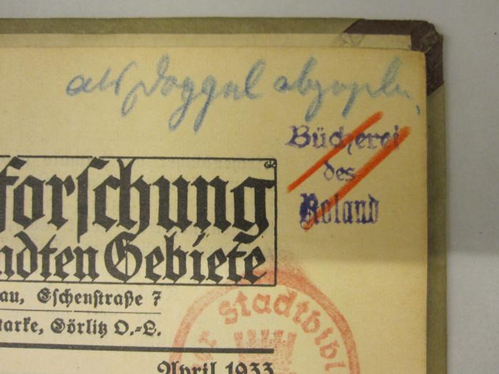  Die evangelischen Kirchenbücher der Provinz Brandenburg.Sonderheft (1933);- (Reichsstelle für Sippenforschung (Berlin)), Von Hand: Besitzwechsel: Doublette; 'als Doppel abgegeben'. 