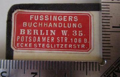  Polyhymnia : Auswahl von Männerchören für Seminare und höhere Lehranstalten. Zweiter Band: 150 Volks- und volkstümliche Lieder (1911);- (Fussinger's Buchhandlung (Berlin)), Etikett: Buchhändler, Name, Ortsangabe; 'Fussingers Buchhandlung, Berlin W. 35, Potsdamer Str. 106B, Ecke Steglitzerstr.'.  (Prototyp)
