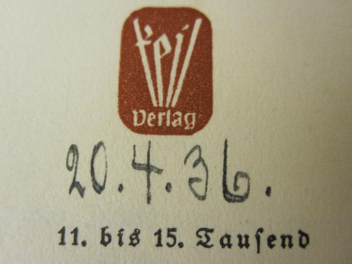 Johanna v. Bismarck : Lebensschicksal einer deutschen Frau (o.J.);- (unbekannt), Von Hand: Datum; '20.4.36.'. 