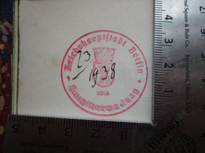  Rückblicke auf meine theatralische Laufbahn und meine Erlebnisse an und ausser der Bühne (1864);- (Berlin), Von Hand: Inventar-/ Zugangsnummer; '23/1938'. ;- (Berlin), Stempel: Name, Ortsangabe, Wappen, Berufsangabe/Titel/Branche; 'Reichshauptstadt Berlin Hauptverwaltung'.  (Prototyp)