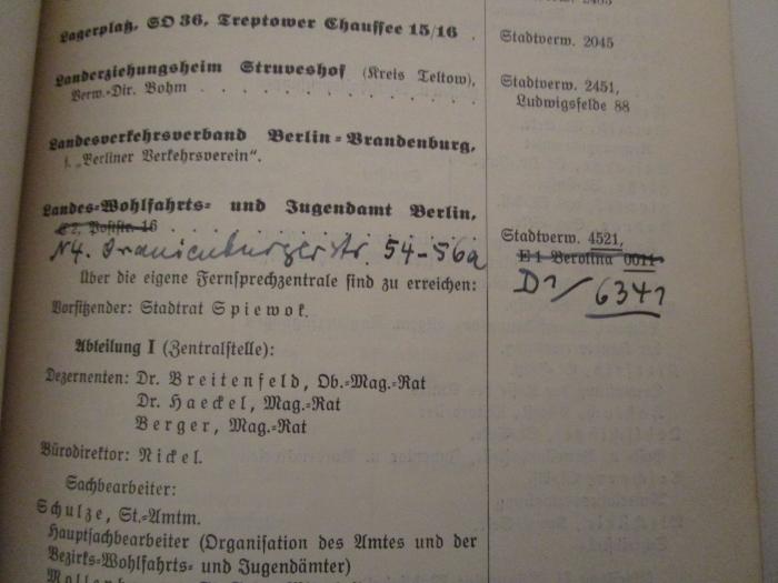  Verzeichnis der Fernsprechanschlüsse in der Stadtverwaltung Berlin (1935);- (unbekannt), Von Hand: Annotation. 