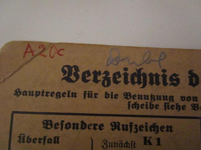  Verzeichnis der Fernsprechanschlüsse in der Stadtverwaltung Berlin (1935);- (unbekannt), Von Hand: Signatur; 'A 20c'. ;- (unbekannt), Von Hand: Besitzwechsel: Doublette; 'Dubl'. 