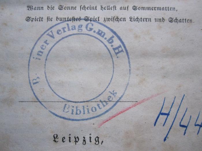 - (Berliner Verlag), Stempel: Berufsangabe/Titel/Branche, Name, Ortsangabe; 'Berliner Verlag G.m.b.H.
Bibliothek'.  (Prototyp)