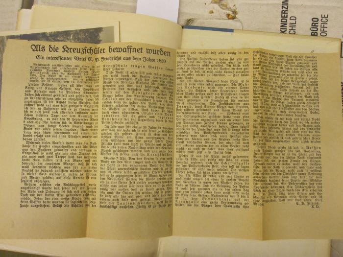  Die Kreuzschule zu Dresden vom 13. Jahrhundert bis 1926 (1926);-, Papier: -; 'Als die Kreuzschüler bewaffnet wurden. Ein interessanter Brief C.D. Friedrichs aus dem Jahre 1830[....]K.D.'
