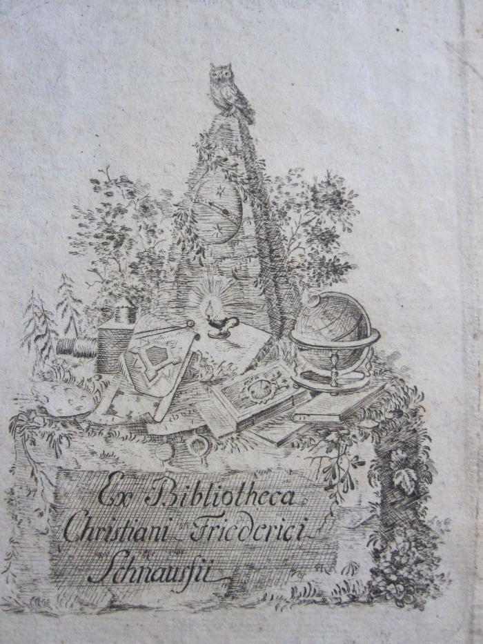 SoSa / 1996 (Schnauss, Christian Friedrich), Etikett: Exlibris, Name, Abbildung; 'Ex Bibliotheca Christiani Friederici Schanußii'.  (Prototyp)