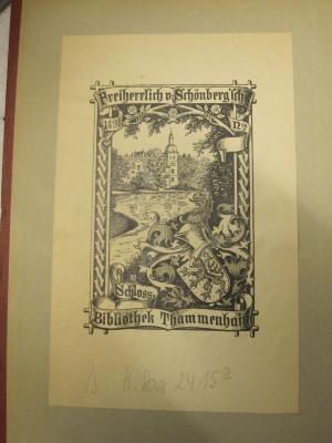  Leipziger Kalender : Illustriertes Jahrbuch und Chronik (1913);- (Freiherrlich von Schönberg'sche Schlossbibliothek (Thammenhain) ), Etikett: Exlibris; 'Freiherrlich v. Schönberg'sche Schlossbibliothek Thammenhain 1898 Nr.'. ;- (Freiherrlich von Schönberg'sche Schlossbibliothek (Thammenhain) ), Von Hand: Signatur; 's: H. sax [?] 2415°-'. 