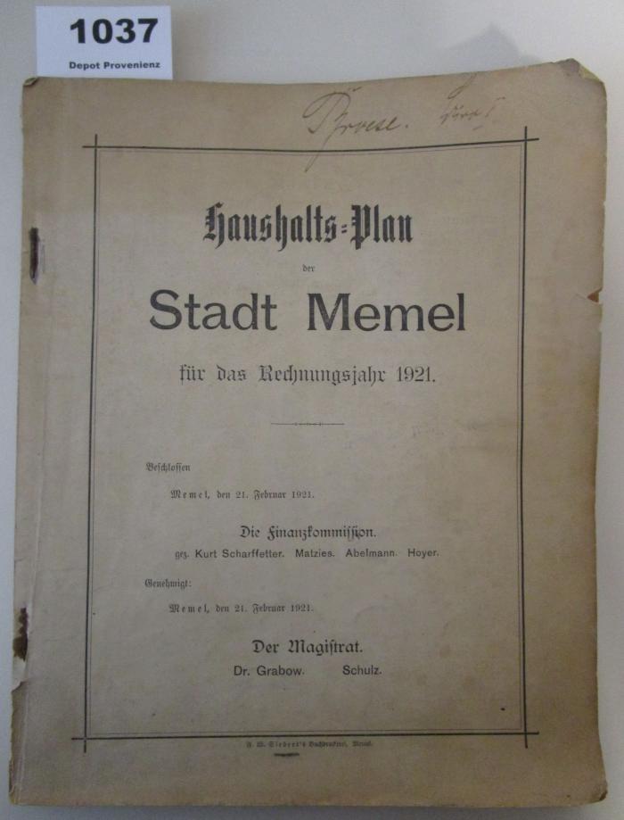  Haushalts-Plan der Stadt Memel für das Rechnungsjahr 1921 (1921)
