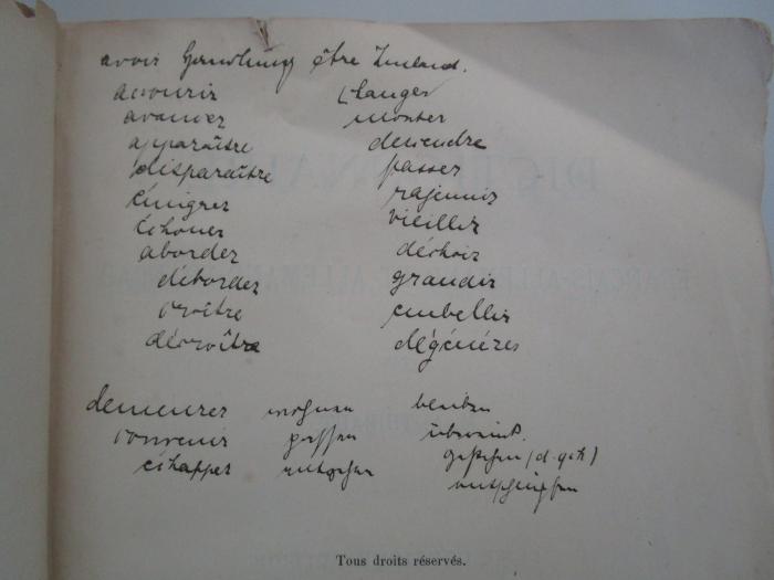  Dictionnaire Français-Allemand et Allemand-Français / Wörterbuch der Französischen und Deutschen Sprache (1887);- (Milchner, Flora), Von Hand: Annotation. 