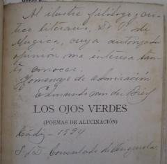 - (Mugica, Pedro de;Van Der Biest, Edmundo), Von Hand: Name, Ortsangabe, Datum, Widmung; 'Al ilustre filólogo y critico literaris, Dr. P. de Mugica, cuya autorizada opinión me intéresa tanto [anocer]. Homenaje de admiración Edmundo van der Biest. [Cádiz] -1924 S. f. D. Consulado de Venjuela'. 