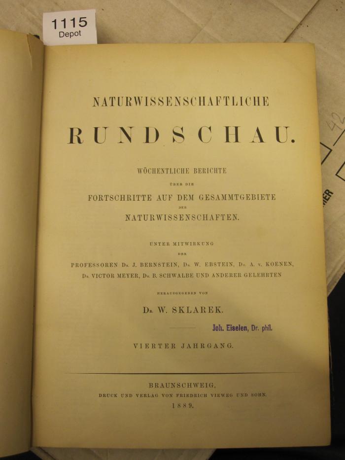 X 800: Naturwissenschaftliche Rundschau. Wöchentliche Berichte über die Fortschritte auf dem Gesammtgebiete der Naturwissenschaften. (1889)