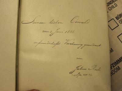  Musikalisches Skizzenbuch (1866);- ([?], Oswald;Rech[?], Julius), Von Hand: Widmung, Name, Datum, Ortsangabe; 'Seinem lieben Oswald zum 2. Juni 1866 in freundschaftl. Verehrung gewidmet von Julius Rech Lpz. 31/5.66'. 
