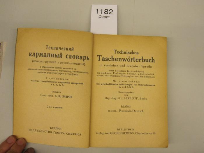 1.1 326 13: Technisches Taschenwörterbuch in russischer und deutscher Sprache unter besonderer Berücksichtigung [...]. Russisch-Deutsch.