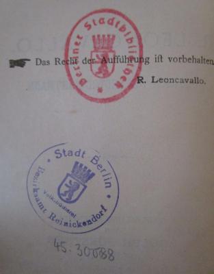  Der Bajazzo : Drama in zwei Akten und einem Prolog (o.J.);- (Stadt Berlin. Bezirksamt Reinickendorf. Volksbücherei), Von Hand: Inventar-/ Zugangsnummer; '45:30088'. 