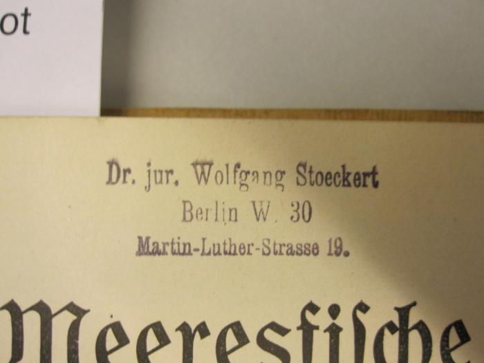 X 4565: Meeresfische (1914);G47 / 55 (Stoeckert, Wolfgang), Stempel: Name, Ortsangabe; 'Dr. jur. Wolfgang Stoeckert Berlin W. 30 Martin-Luther-Strasse 19.'. 