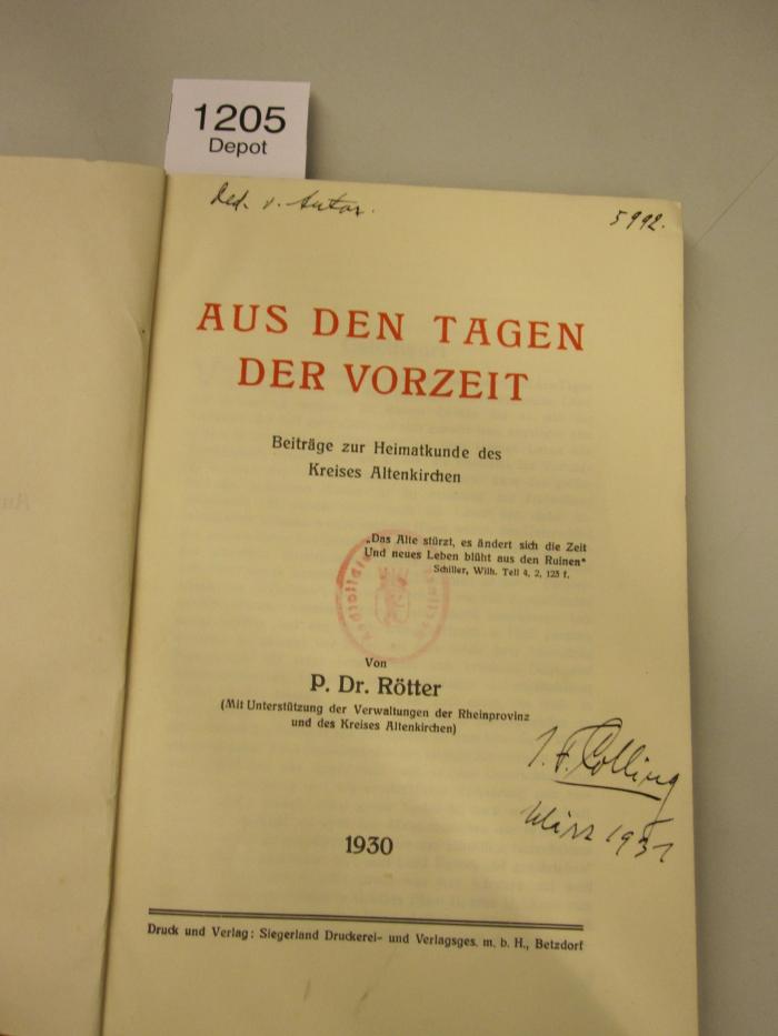  Aus den Tagen der Vorzeit. Beiträge zur Heimatkunde des Kreises Altenkirchen (1930)
