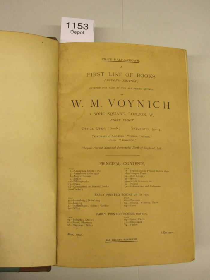  A list of books offered for sale at the net prices affixed by W. M. Voynich, 1 Soho Square, London, W., First Floor  (1902)
