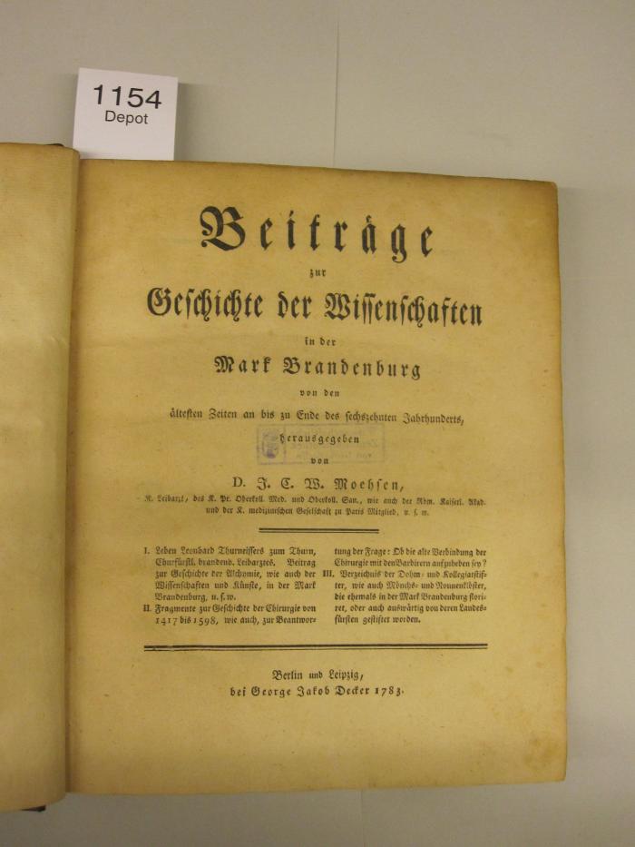 B 252 Thurn 2: Beiträge zur Geschichte der Wissenschaften in der Mark Brandenburg (1783)