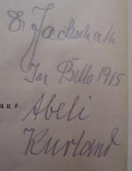 - (Jackschath, [?]), Von Hand: Datum, Notiz, Name, Ortsangabe; '[.] Jackschath In Bello 1915 Abeli Kurland'. 