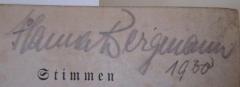 - (Bergmann, Hanna), Von Hand: Autogramm, Name, Datum; 'Hanna Bergmann 1930'. 