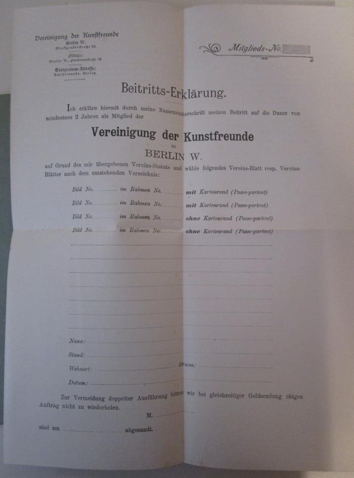  Katalog der Vereinigung der Kunstfreunde. Farbige Nachbildungen von Gemälden der Königlichen National-Galerie und anderer Kunstsammlungen (o.J.);- (unbekannt), Papier: ; '[...] Beitrittserklärung [..] Vereinigung der Kunstfreunde zu Berlin W. [...]'. 