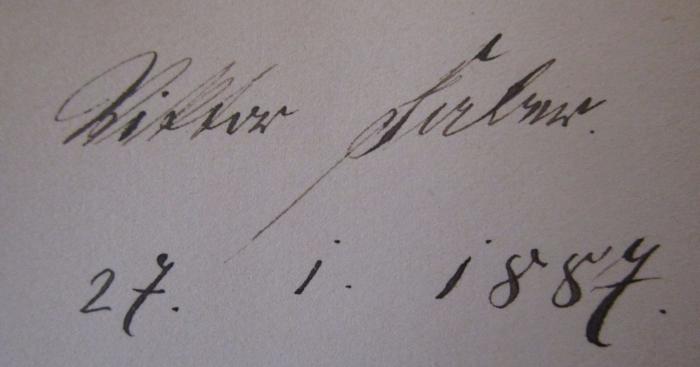 Deutsche Geschichte in Verbindung mit Anderen. II. Band (1881);- (Faber, Viktor), Von Hand: Autogramm, Datum, Name; 'Viktor Faber 27. 1. 1887'. 