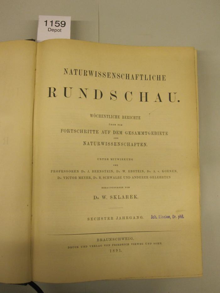 X 800: Naturwissenschaftliche Rundschau. Wöchentliche Berichte über die Fortschritte auf dem Gesammtgebiete der Naturwissenschaften. (1891)