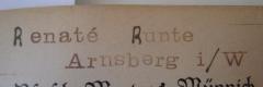 - (Runte, Renate), Stempel: Name, Ortsangabe; 'Renaté Runte Arnsberg i/W'.  (Prototyp)