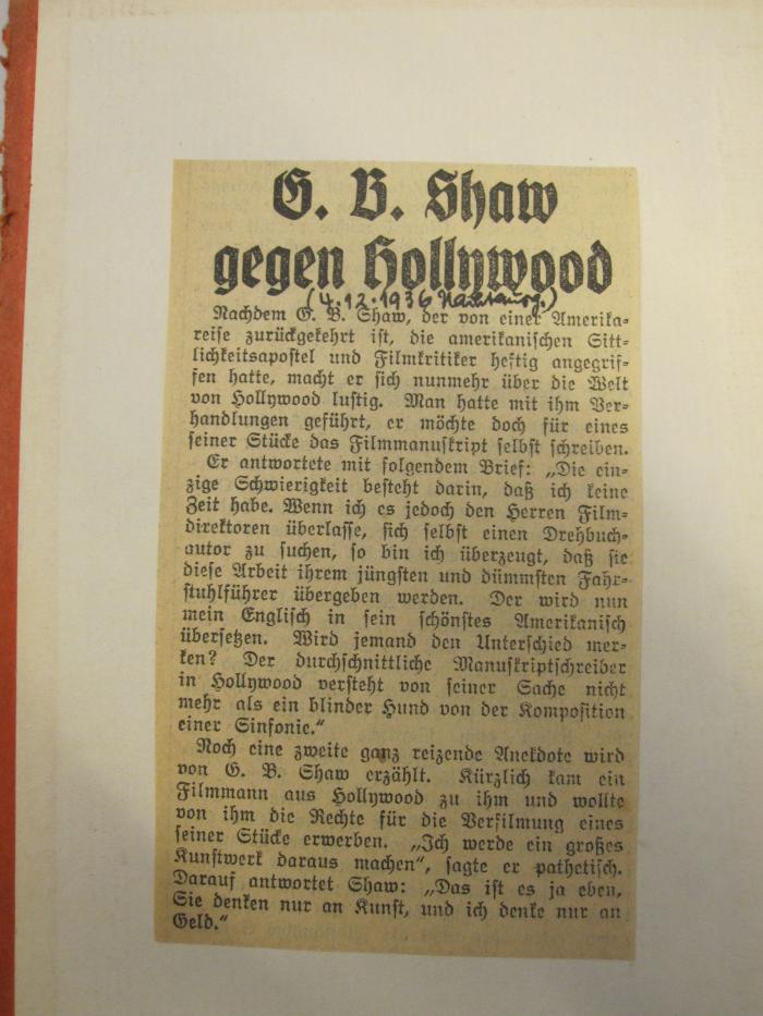  Hollywood. Legende und Wirklichkeit (1930);-, Papier: -; 'S. B. Shaw gegen Hollywood [...]'