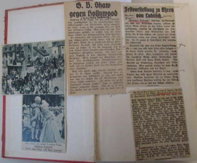  Hollywood. Legende und Wirklichkeit (1930);- (Pohl, Hans), Papier: ; 'S. B. Shaw gegen Hollywood [...]
Der New York Herald vom 2. Januar schreibt zur Aufführung des Films "Madame Dubarry" im New-Yorker [...]
Festvorstellung zu Ehren von Lubitsch. "Madame Dubarry", Lubitschs Meisterwerk [...]
Aus einem der ersten Lubitsch-Filme "Madame Dubarry" Unten Pola Negri [...]'. 