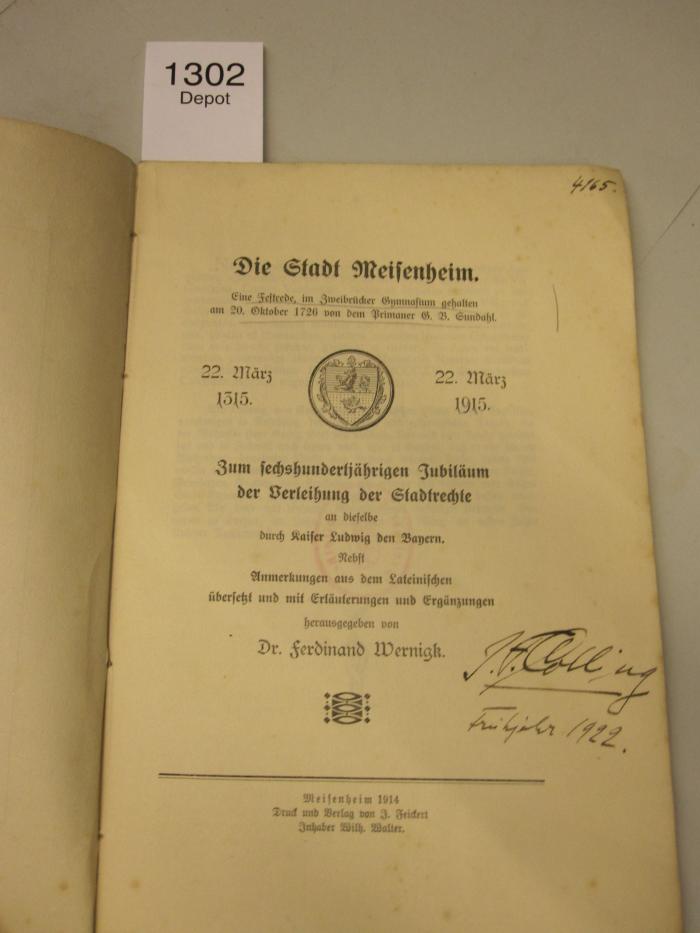  Die Stadt Meisenheim. Eine Festrede, im Zweibrücker Gymnasium gehalten [...] (1914)