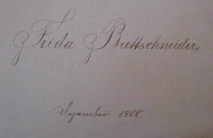 - (Brettschneider, Frida), Von Hand: Autogramm, Datum, Name; 'Frida Brettschneider 
Dezember 1900.'. ; Schillers Werke : Neue Prachtausgabe in zwei Bänden (1901)
