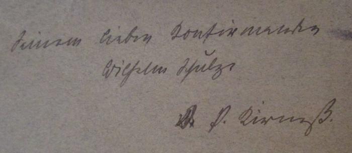 - (Schulze, Wilhelm;Kirmß, Paul), Von Hand: Widmung, Name, Berufsangabe/Titel/Branche; 'Seinem lieben Konfirmanden Wilhelm Schulze Dr. P. Kirmß.'. ; Die Geschichte der Neuen Kirche zu Berlin von 1708-1908 (1908)