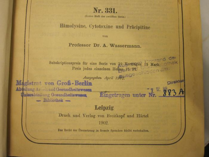  Sammlung klinischer Vorträge. Hämolysine, Cytotoxine und Präcipitine. (1902);- (Berliner Stadtbibliothek), Stempel: Notiz; 'Direktor'. 