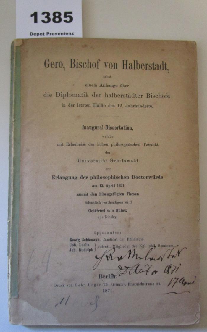  Gero, Bischof von Halberstadt, nebst einem Anhange über die Diplomatik der halberstädter Bischöfe in der letzten Hälfte des 12. Jahrhunderts (1871)