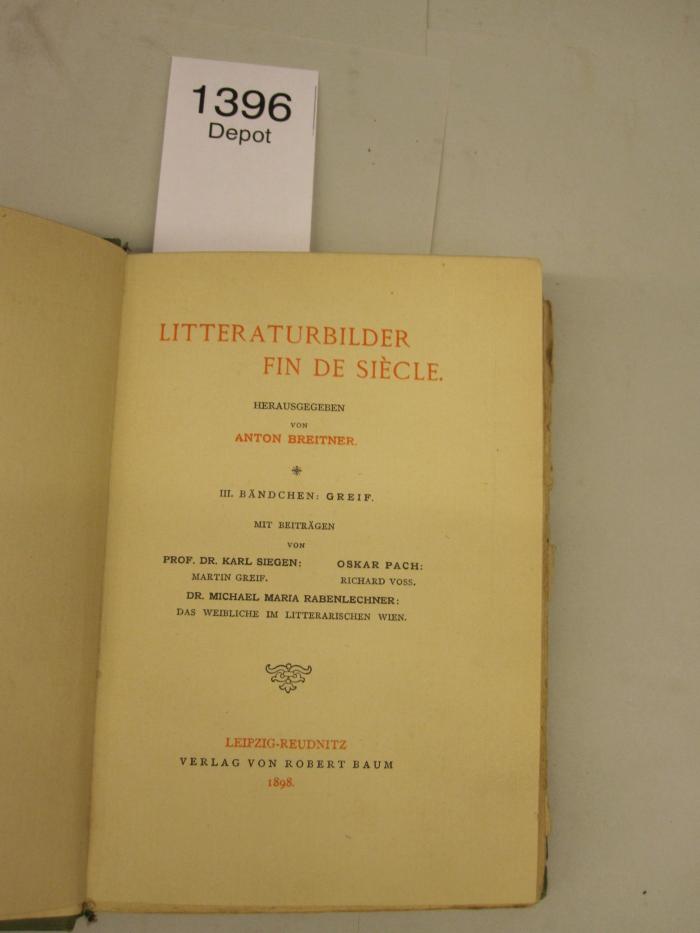 Cg 2400: Greif. Litteraturbilder Fin de Siècle. (1898)