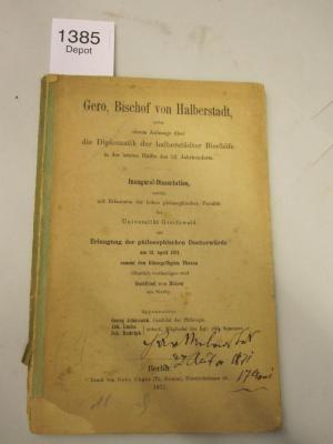  Gero, Bischof von Halberstadt, nebst einem Anhange über die Diplomatik der halberstädter Bischöfe in der letzten Hälfte des 12. Jahrhunderts (1871)