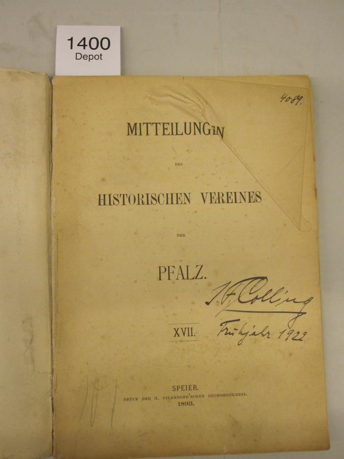  Mitteilungen des Historischen Vereins der Pfalz. (1893)
