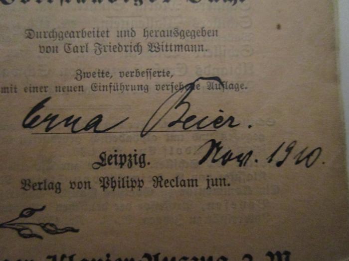  Der Freischütz : Romantische Oper in drei Aufzügen (o.J.);- (Beier, Erna), Von Hand: Autogramm, Name, Datum; 'Erna Beier. Nov. 1910'. 