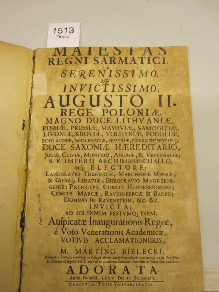  Ma(tesias) regni Sarmatici in Serenissimo &amp; Invictissimo Augusto II (1697)