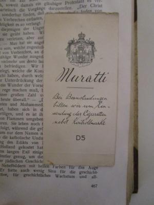 - (Brzezinski, David), Papier: Lesezeichen; 'Muratti [Tabakwarenhändler]
Bei Beanstandungen bitten wir um Hinsendung der Cigaretten nebst Kontrollmarke

D5'. ; Volkstümliche Geschichte der Juden in drei Bänden : Dritter Band: Von den massenhaften Zwangstaufen der Juden in Spanien bis in die Gegenwart (1923)