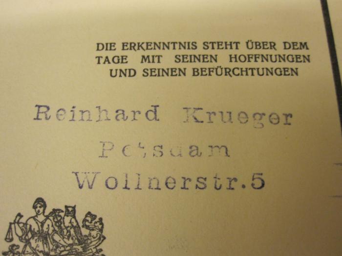 Die Ausbreitung der Polen in Preussen (1913);- (Krueger, Reinhard), Stempel: Name, Ortsangabe; 'Reinhard Krueger, Potsdam, Wollnerstr. 5'. 