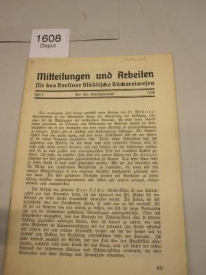  Mitteilungen und Arbeiten für das Berliner Städtische Büchereiwesen. Für den Dienstgebrauch. (1938)