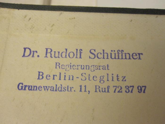  The Tokugawa Epoch 1652-1868 (1926);- (Schüffner, Rudolf), Stempel: Name, Ortsangabe, Nummer; 'Dr. Rudolf Schüffner Regierungsrat Berlin-Steglitz Grunewaldstr. 11, Ruf 723797'. 