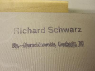  Generalbericht über das Medizinal- und Sanitätswesen der Stadt Berlin im Jahre 1881 (1883);- (Schwarz, Richard), Stempel: Name, Ortsangabe; 'Richard Schwarz Bln.-Oberschöneweide, Goethestr. 70'. 