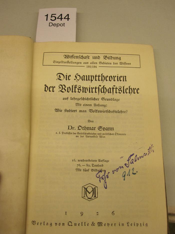  Die Haupttheorien der Volkswirtschaftslehre (1926)