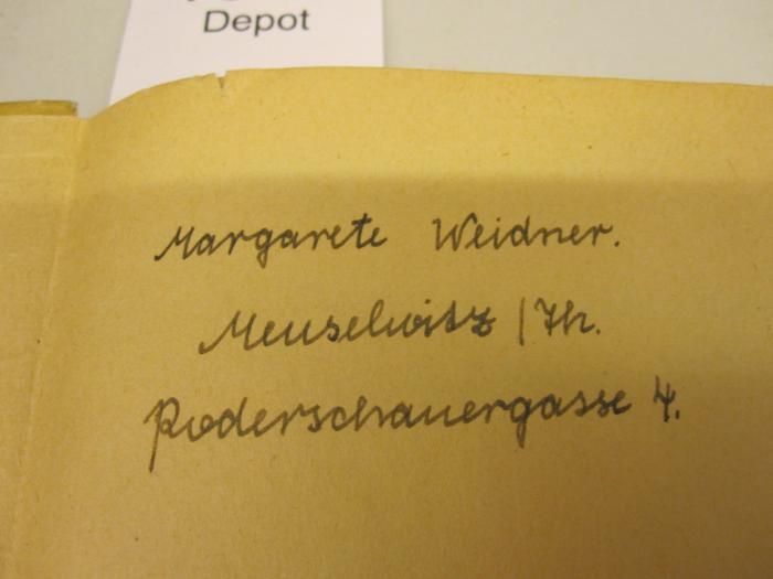  Der Zug des Hauptmanns von Erckert (1936);- (Weidner, Margarete), Von Hand: Autogramm, Ortsangabe; 'Margarete Weidner. Meuselwitz / [7h] Poderschauergasse 4'. 