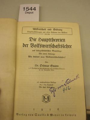  Die Haupttheorien der Volkswirtschaftslehre (1926)