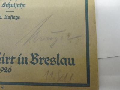  Berliner Sprachbuch für die Grundschule.Bearbeitet von Berliner Schulmännern nach Hirts Stoffen u. Aufgaben für den Deutschunterricht (1926);- (Kruger[?], [?]), Von Hand: Autogramm; 'Kruger'. ;-, Von Hand: Notiz; '11. [...]'